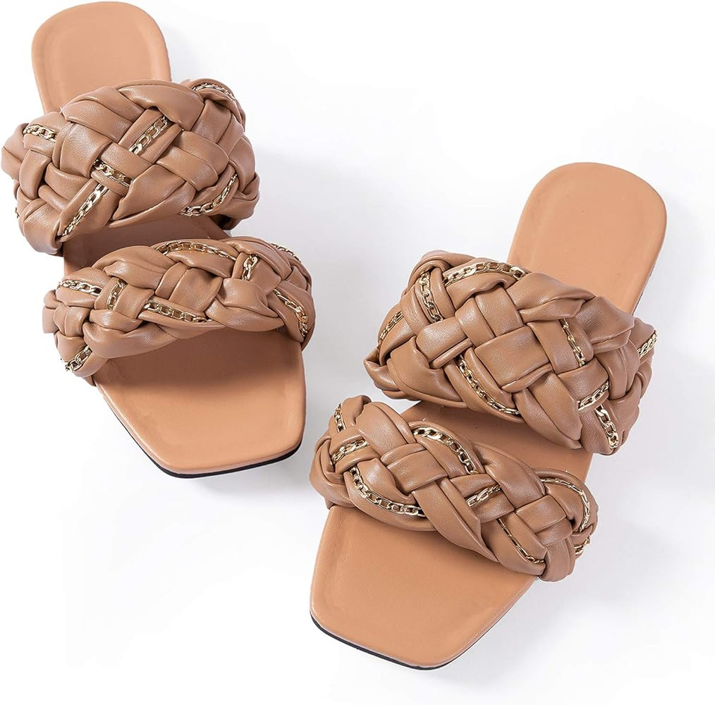 Women Flat Sadals Woven Leather Crossover Braided Fashion Sandals Flat Dressy Flip-Flops | Amazon (US)