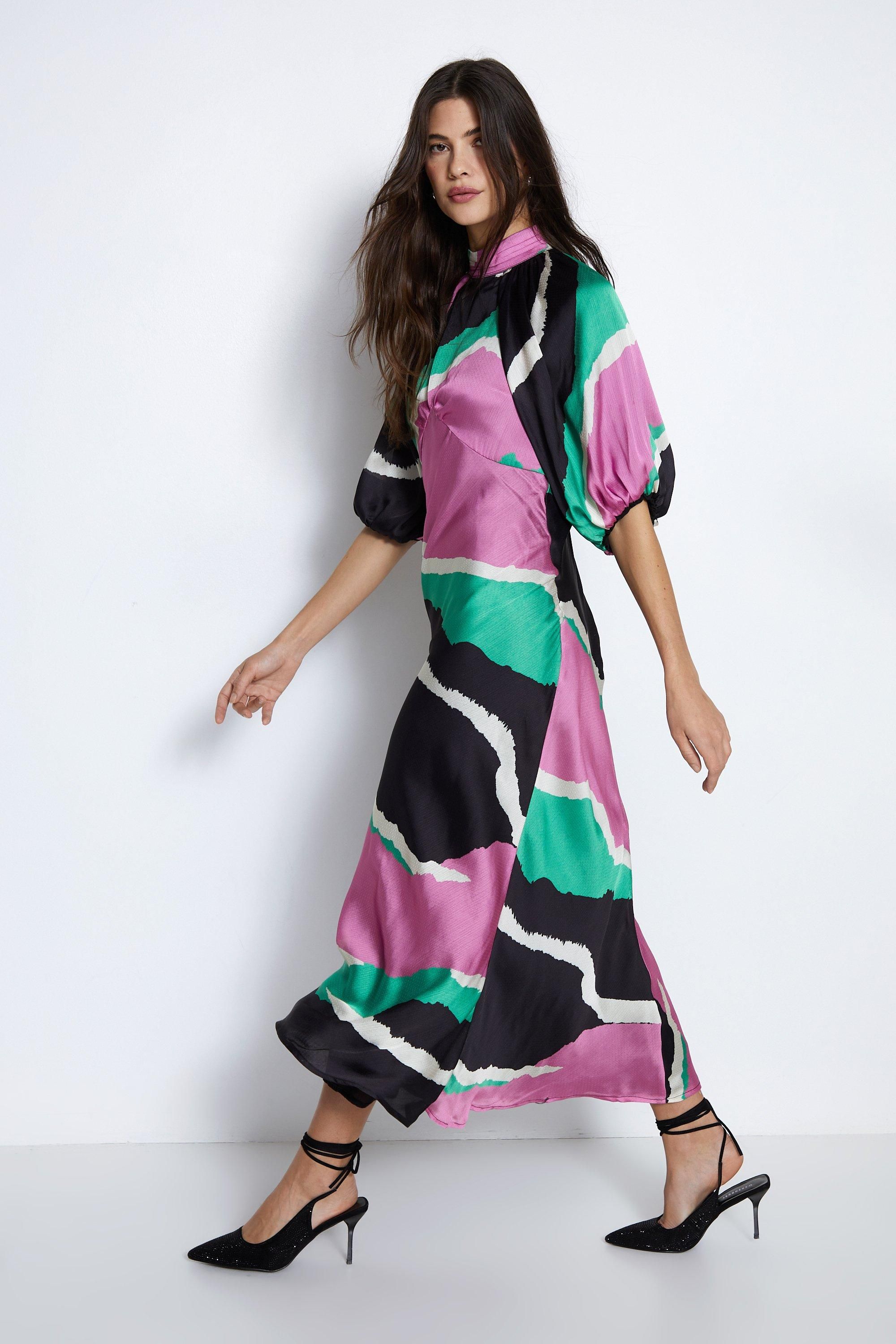 Colour Block Puff Sleeve Dress | Warehouse UK & IE