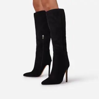 Homage Pointed Toe Stiletto Heel Knee High Long Boot In Black Faux Suede | Ego Shoes (UK)