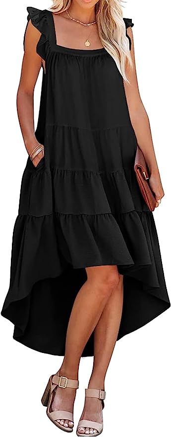 KIRUNDO Women’s Summer Sleeveless Ruffle High Low Dress Square Neck Midi Dress Casual Loose Fit... | Amazon (US)