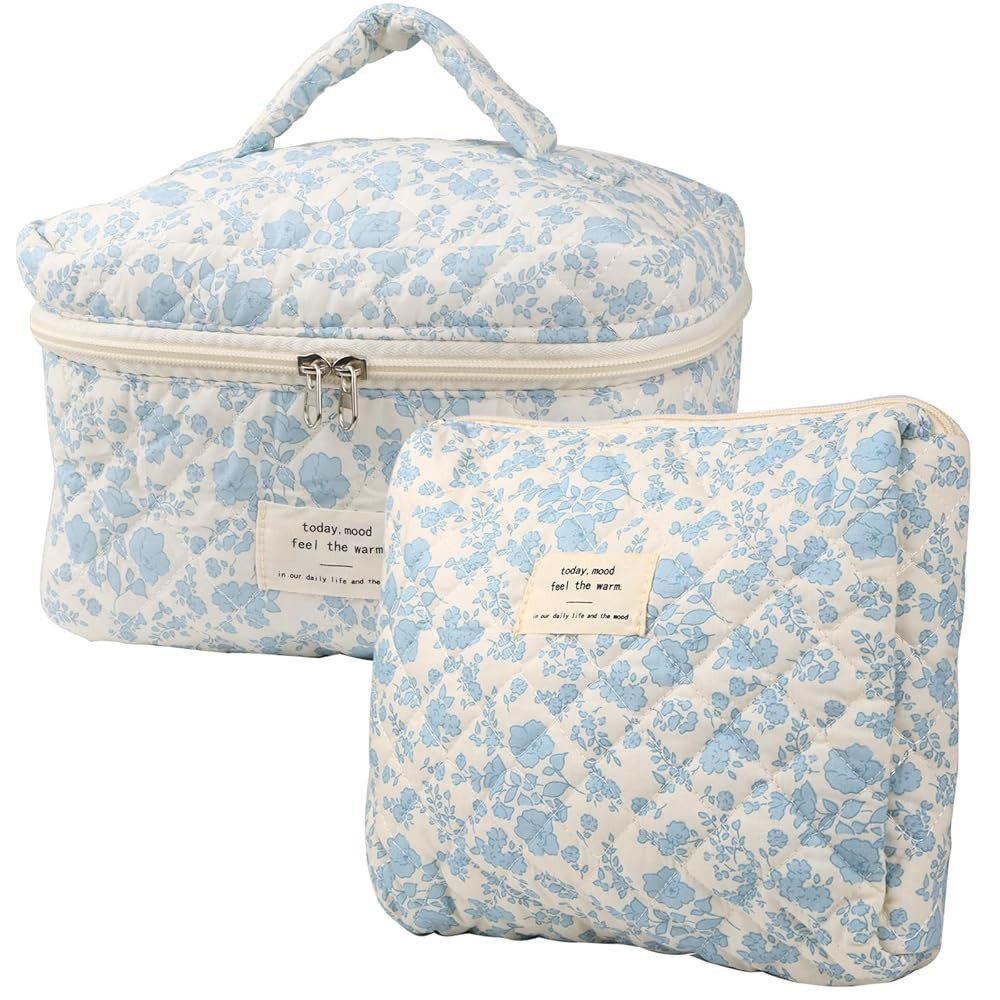 Cute Makeup Bag for Women(2 Pcs), Travel Cosmetic Bags, Quilted Coquette Aesthetic Floral Toiletr... | Amazon (US)
