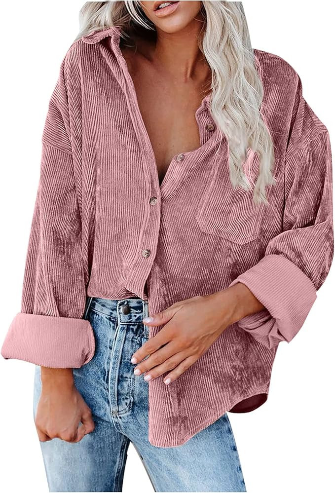 Womens Corduroy Shirts Oversized Button Down Long Sleeve Classic Boyfriend Ribbed Blouses Tops Ca... | Amazon (US)