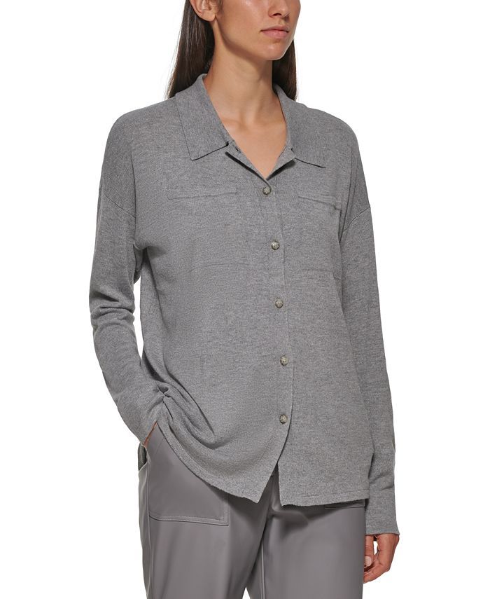 Calvin Klein Long Sleeve Button Front Knit Shirt & Reviews - Tops - Women - Macy's | Macys (US)