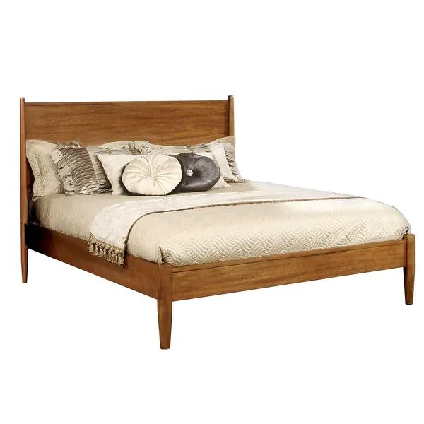 Mid Century Modern Wood Queen Bed with Round Tapered Legs, Rustic Oak - Overstock - 32400472 | Bed Bath & Beyond