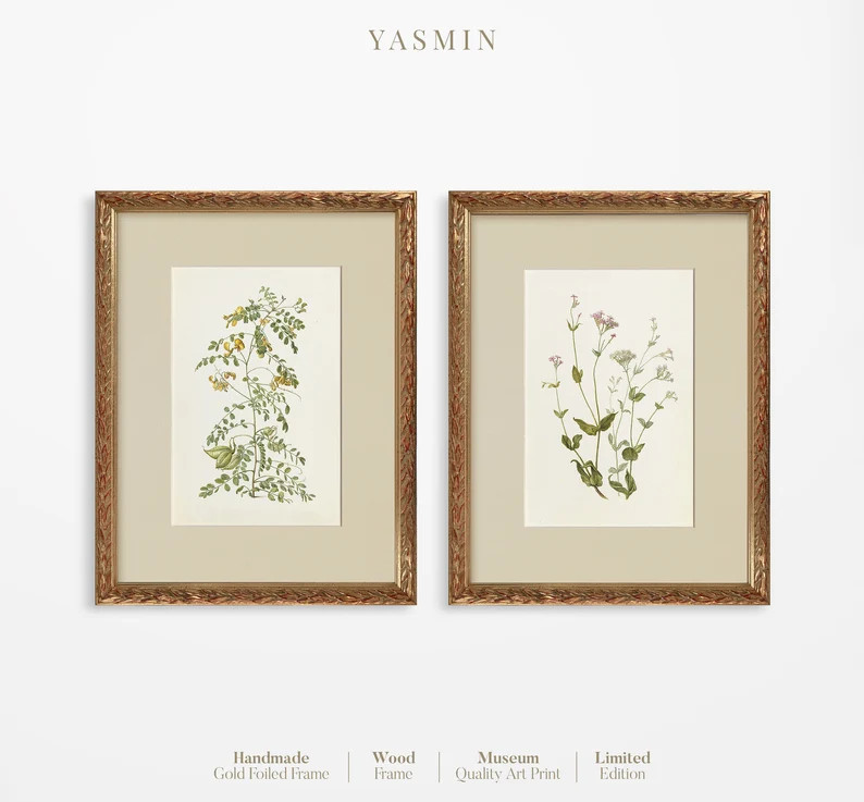 Vintage Framed Wall Art, Botanical SET of 2, With Matted Gold Wood Frame, Floral Watercolour Pain... | Etsy (US)