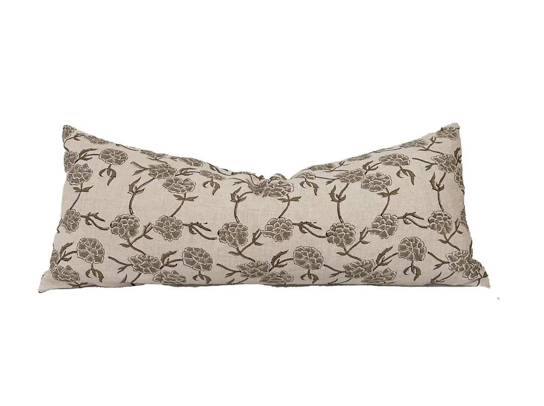 Block Print Linen Lumbar Pillow Cover: Sage Green Floral | Etsy (US)