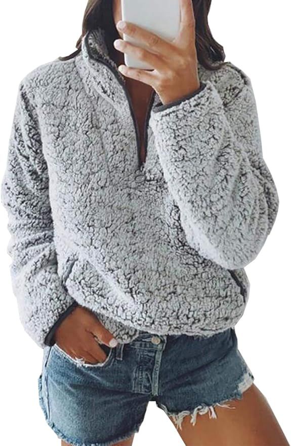 BTFBM Womens Fleece Sherpa Fuzzy Zipper Long Sleeve Loose Pullover Fashion Contrast Color-Block P... | Amazon (US)