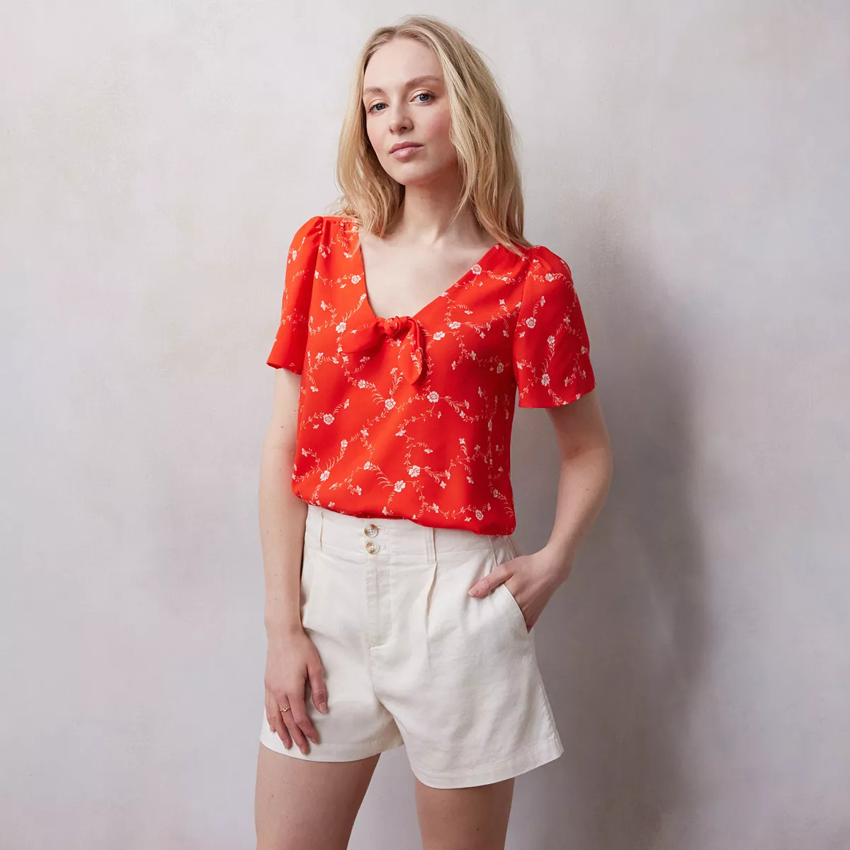 Women's LC Lauren Conrad Woven Tie Front V-Neck Tee | Kohl's