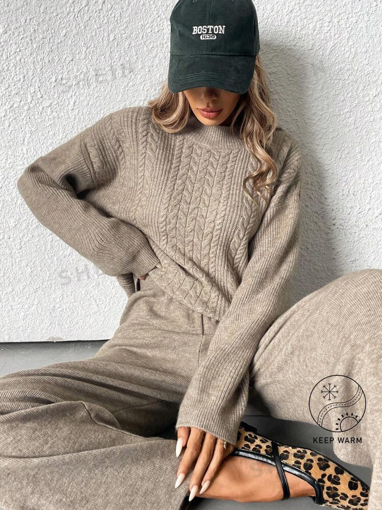 Aveloria Affinna 2pcs Set: Casual Round Neck Loose Knit Sweater And Straight-Leg Pants | SHEIN