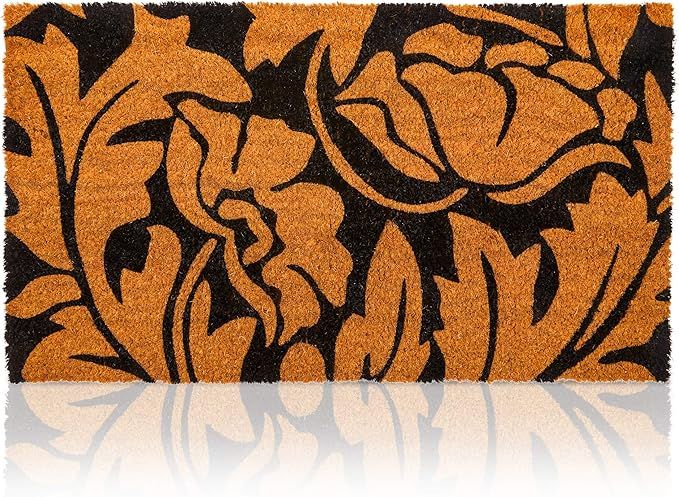 Black Floral Patterned Natural Coir Nonslip Welcome Door Mat (17 x 30 in) | Amazon (US)