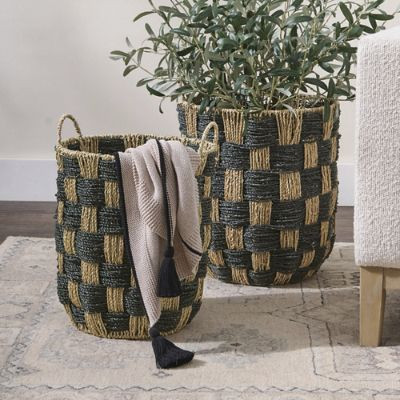 Evie Checked Seagrass Basket, Set of Two | Grandin Road