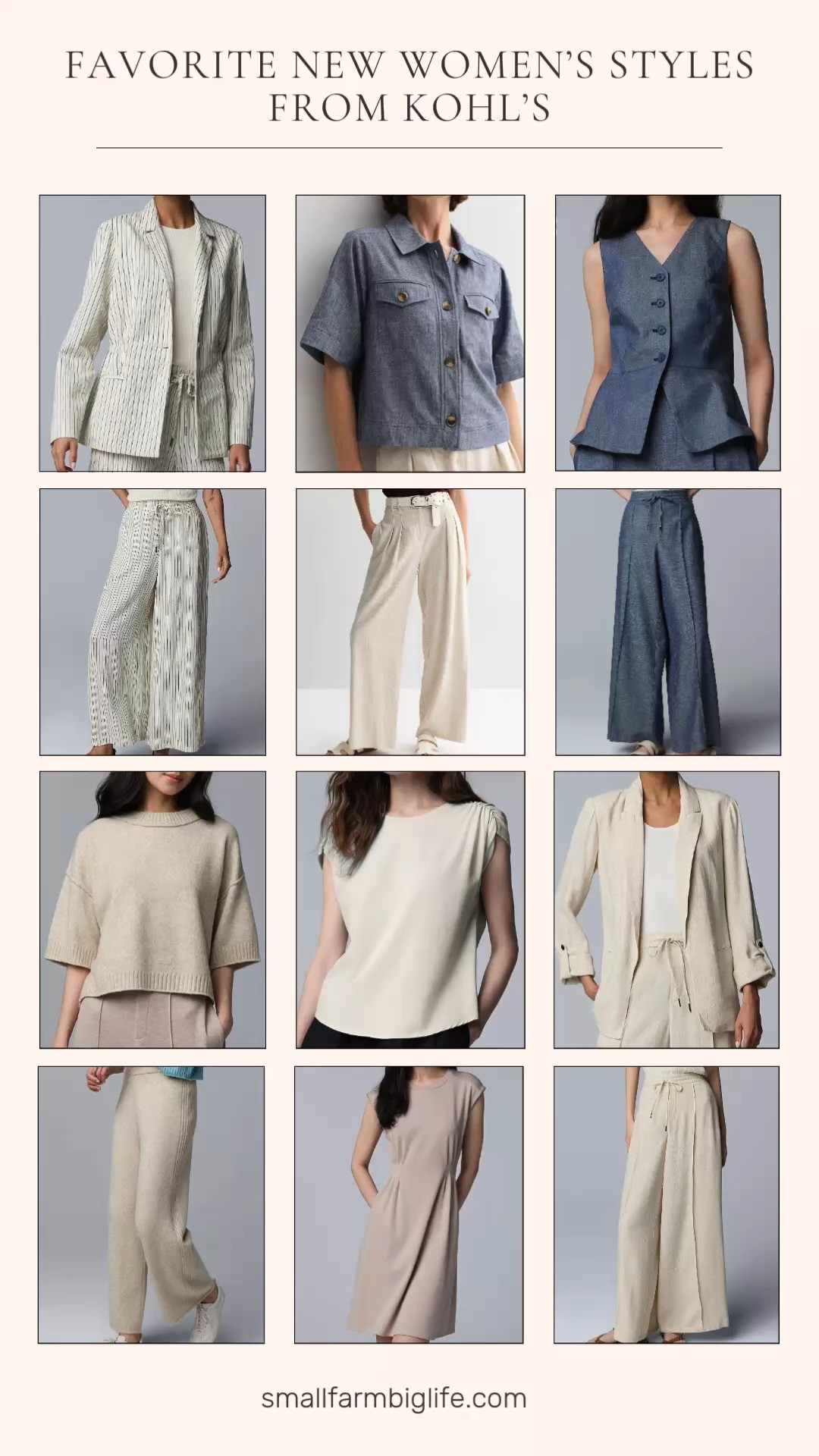 New favorite styles from Kohl's and the Simply Vera Vera Wang collection is so good right now 🤍✨ A tan Simply Vera Vera Wang pleated short knit dress, beige cashmere blend cable sweater pants, a beige cashmere blend short sleeve sweater, a cream ruched shoulder t-shirt, cream wide leg pants, a cream roll tab blazer, denim blue wide leg pants, a denim blue v-neck vest top, a denim blue Nine West short sleeve collared jacket, beige Nine West pleated linen blend pants, cream striped wide leg pants, and a cream striped cinched slim blazer. The neutral palette across all of these pieces is so beautiful and everything mixes and matches together perfectly which makes building outfits so easy. Kohl's is seriously delivering on quality and style right now and the price point makes it so accessible. Whether you are looking for workwear, weekend outfits, or something in between there is something in this round up for you. Everything is linked! 🛒 

 #LTKootd #LTKOver40 #LTKWorkwear
