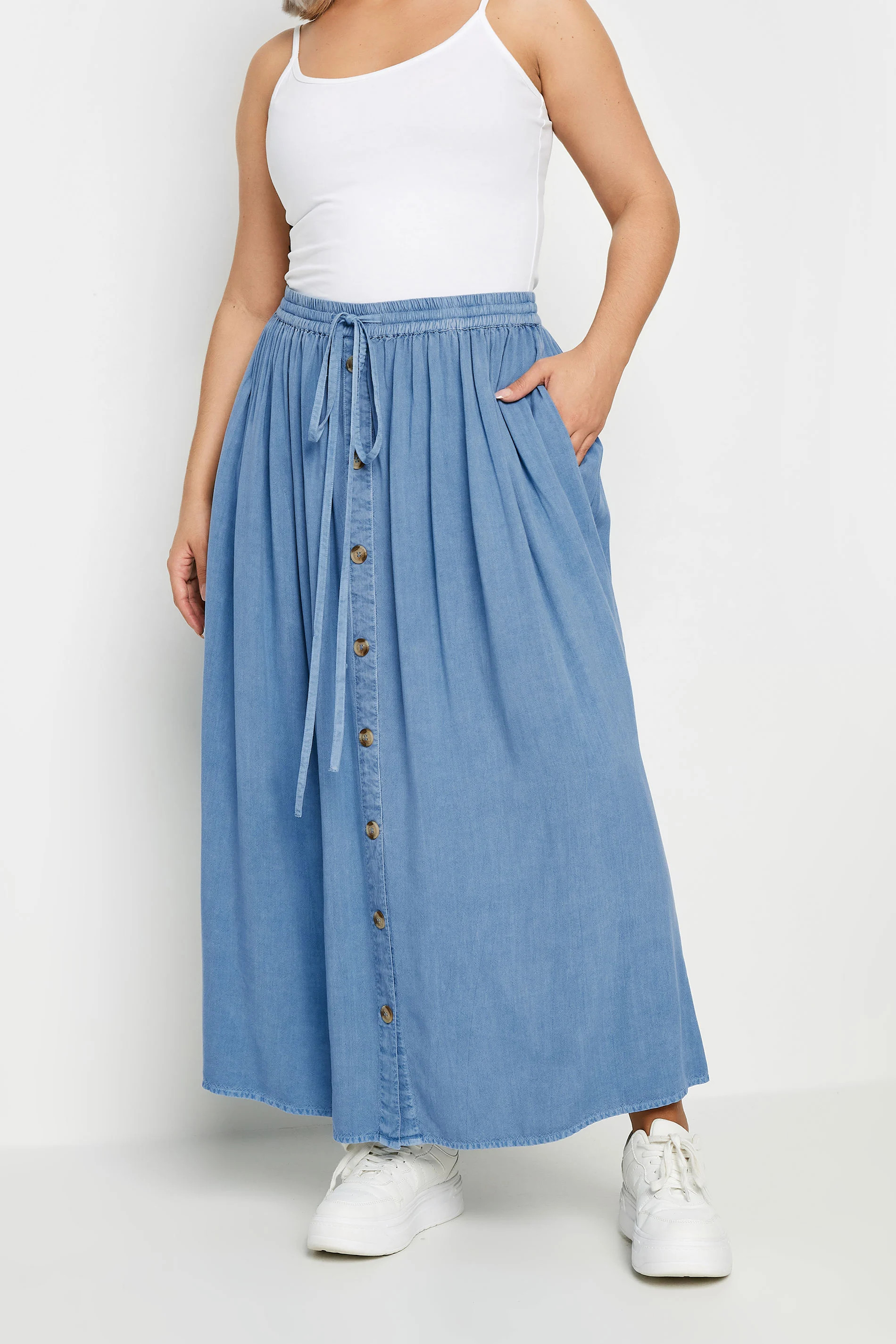YOURS Plus Size Blue Chambray Button Front Maxi Skirt | Yours Clothing UK