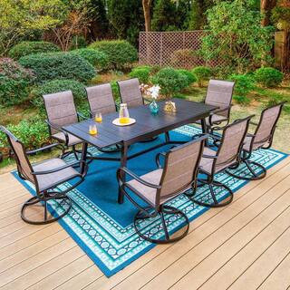 Black 9-Piece Metal Outdoor Patio Dining Set with Slat Extendable Table and Padded Textilene Swivel Chairs | The Home Depot