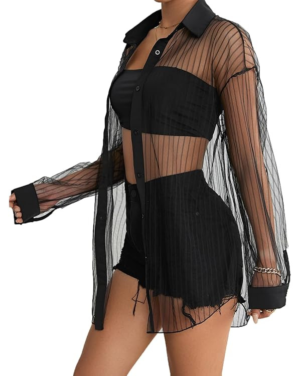 Milumia Women Striped Mesh Sheer Button Up Shirt Long Sleeve Drop Shoulder Blouse Top | Amazon (US)