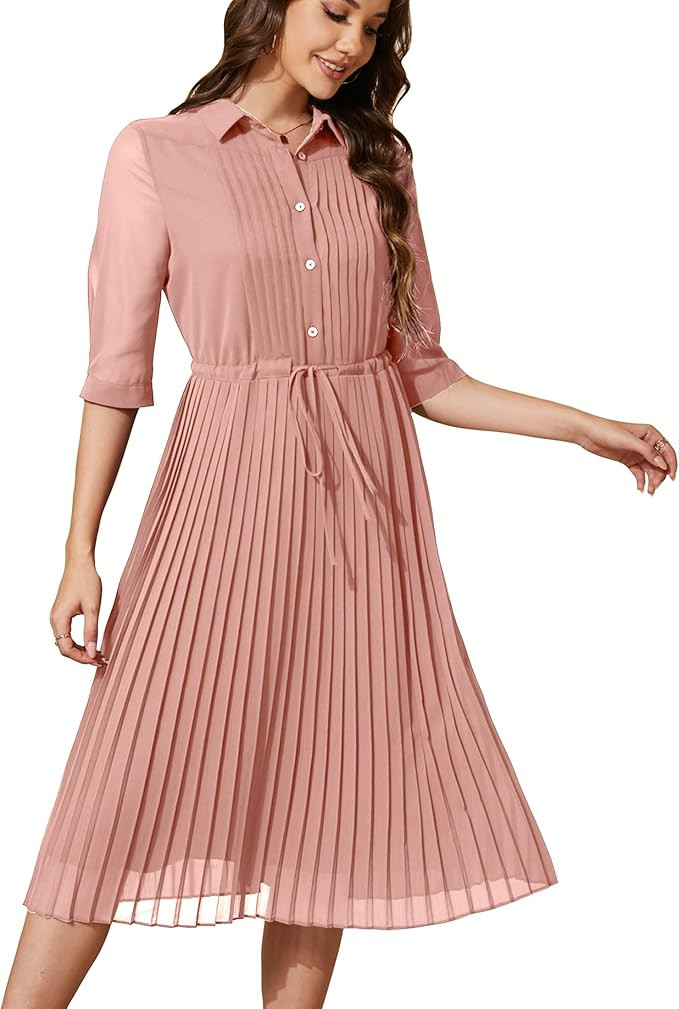 Women V Neck 3/4 Sleeve Pleated A-Line Dress with Belt Swing Midi Dresses for Spring Summer Autum... | Amazon (US)