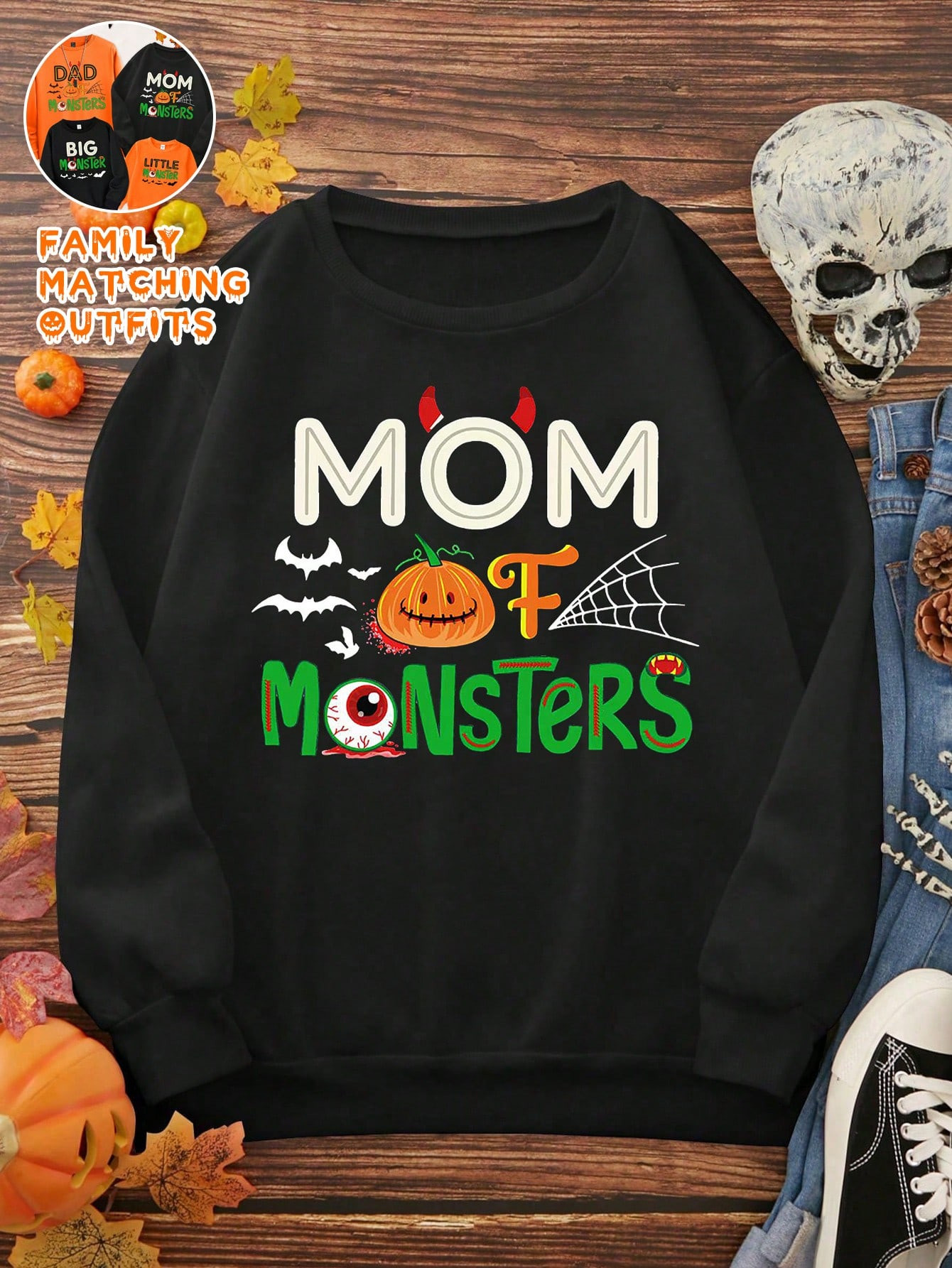 Family Matching Halloween Outfits: Women's Casual Loose Fit Long Sleeve Sweatshirt With Monster M... | SHEIN
