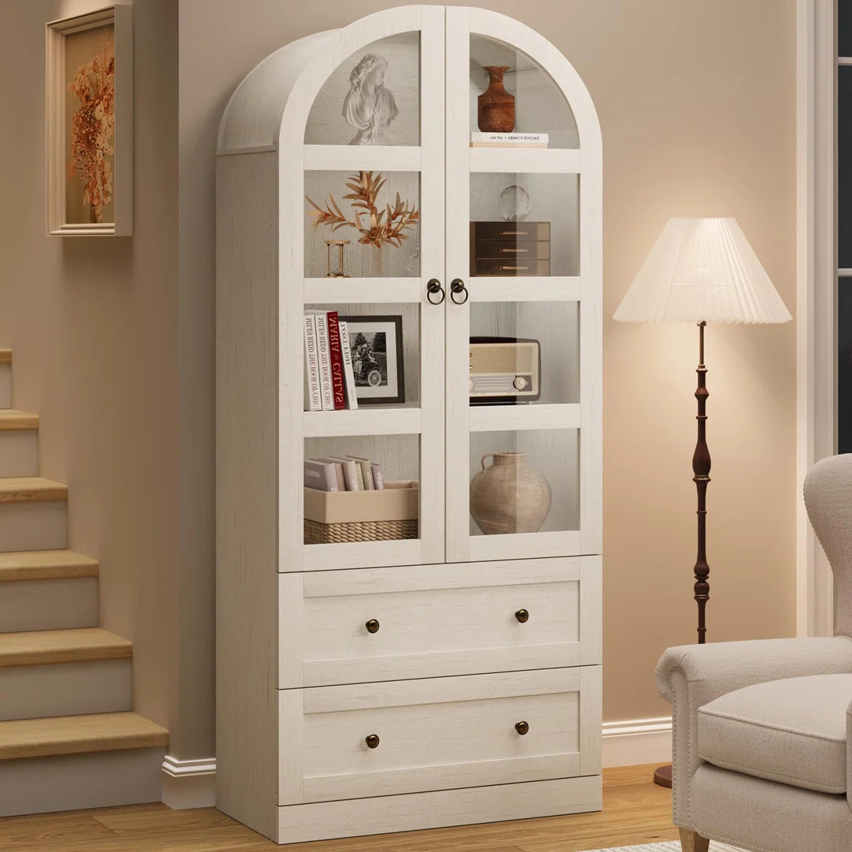 71" Tall Arched Bookcase Cabinet, Wood Arched Bookshelf with Doors & Drawers, Large Arch Display ... | Wayfair North America