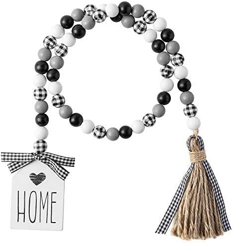 2ooya 40inch Black&White Plaid Wood Bead Garland with Tassel Rustic Farmhouse Tiered Tray Decoration | Amazon (US)
