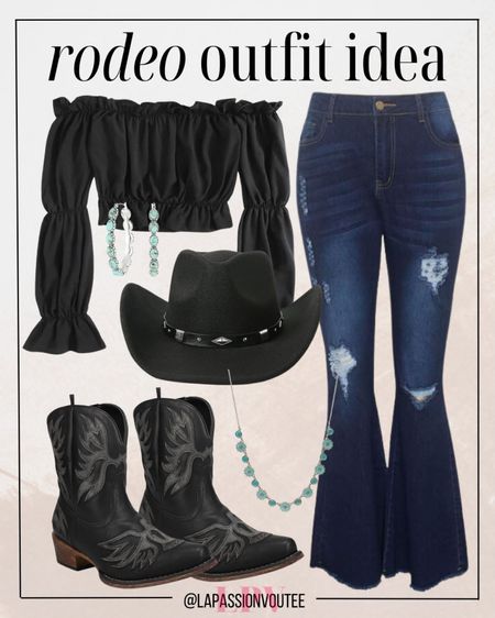 Embrace your inner cowgirl with this trendy rodeo outfit! Rock ripped flare jeans and an off-shoulder puff sleeve top for a modern twist on Western style. Add some sparkle with hoop earrings and a necklace, then top it off with a cowgirl hat and ankle boots for a look that's effortlessly chic.

#LTKstyletip #LTKfindsunder100 #LTKfindsunder50