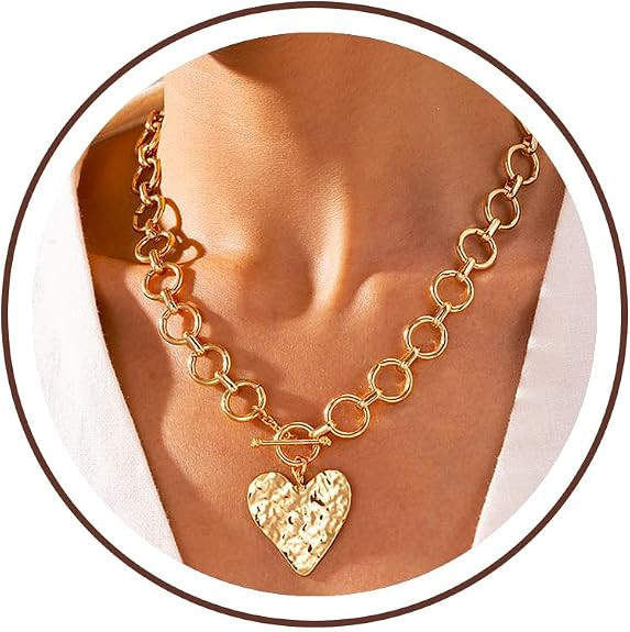 Robaice Chunky Gold Heart Necklace for Women，14K Gold Plated Chunky Heart Pendant Bold Chain Ne... | Amazon (US)