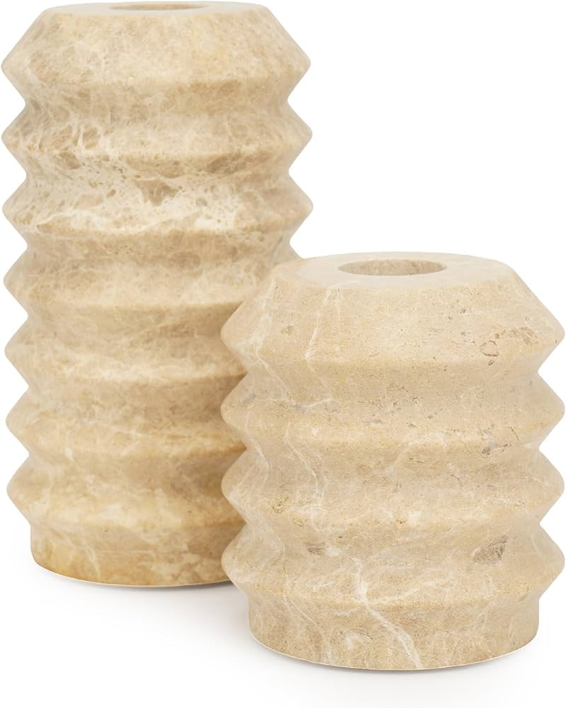 WORHE Candle Holders Italy True Natural Travertine Stone 0.4" Thick Set of 2 Marble Candlestick H... | Amazon (US)