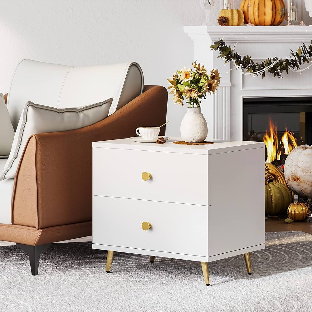 HERNEST Nightstand with 2 Drawers Modern Bedside Bed Table Storage Cabinet Gold Metal Legs Sofa E... | Amazon (US)