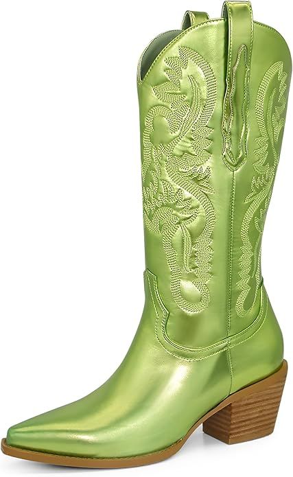 Ouepiano Women's Western Cowboy Embroidered Mid Calf Boots, Almond Pointed Toe 6cm Medium Chunky ... | Amazon (US)