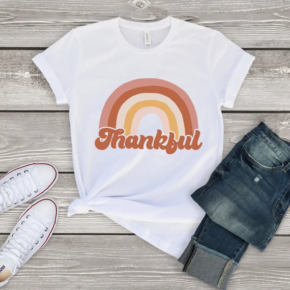 Thanksgiving Shirts for Women, Thankful Retro Rainbow Fall Shirt, Thanksgiving Tee, Thanksgiving ... | Etsy (US)