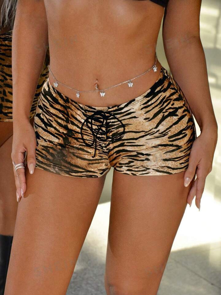 SHEIN ICON Y2k Summer Low Waist Tiger Pattern Printed Women's Shorts With Crossed Tie Decorations | SHEIN