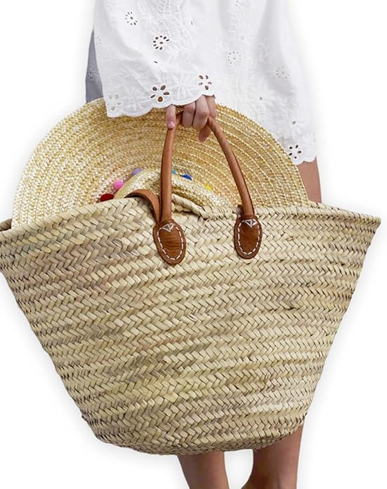 French Basket with Double Flat Leather Handles – Straw Tote, Beach Bag, Wicker Shopping Basket,... | Amazon (US)