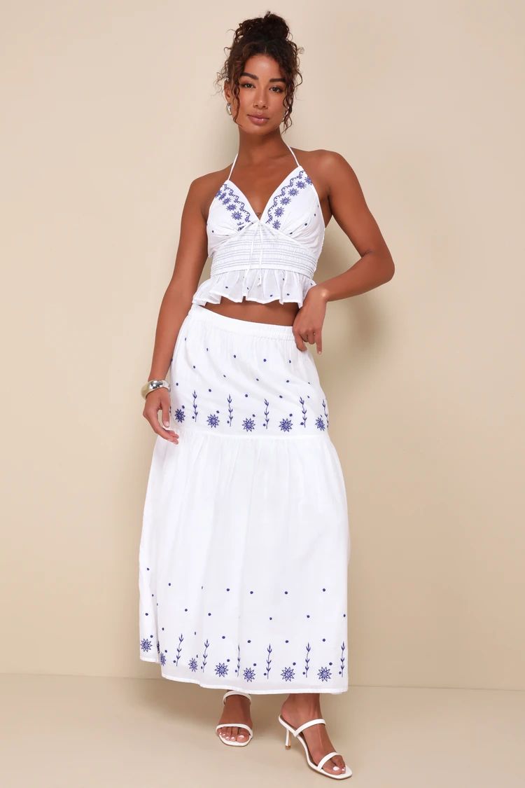 Summery Aura White Embroidered Tiered High-Waisted Maxi Skirt | Lulus
