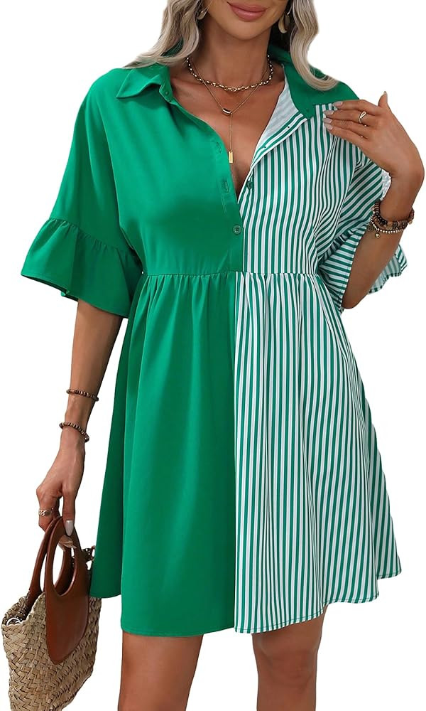 SOLY HUX Women's Striped Shirt Dress Ruffle Half Sleeve Button Front Smock Short Dresses | Amazon (US)