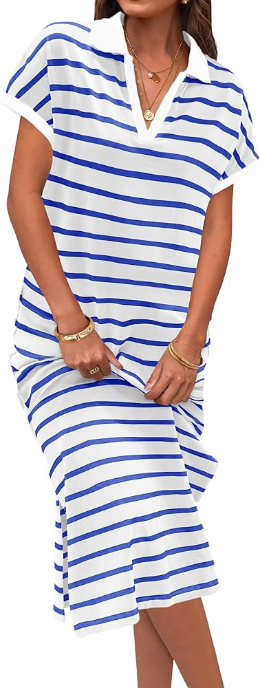MEROKEETY Women's Summer Striped Short Sleeve Dress V Neck Collared Side Slit Casual Beach Maxi D... | Amazon (US)