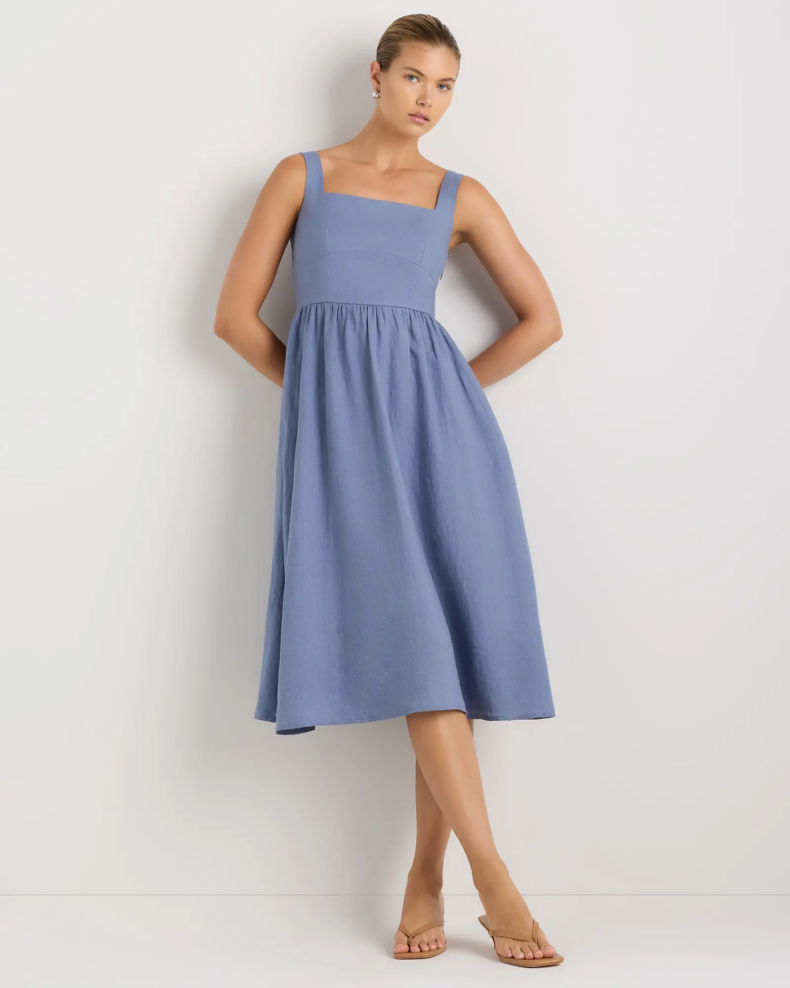100% European Linen Fit & Flare Midi Dress in Moonstone Blue | Quince