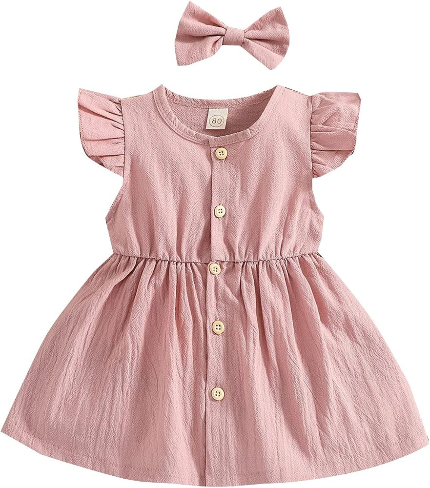 Toddler Baby Girls' Cotton Linen Fly Sleeve Button Down Summer Dresses with Headbows | Amazon (US)