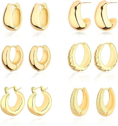 6 Pairs Chunky Gold Hoop Earrings for Women, 14K Gold Plated Hoop Earrings Hypoallergenic, Thick ... | Amazon (US)