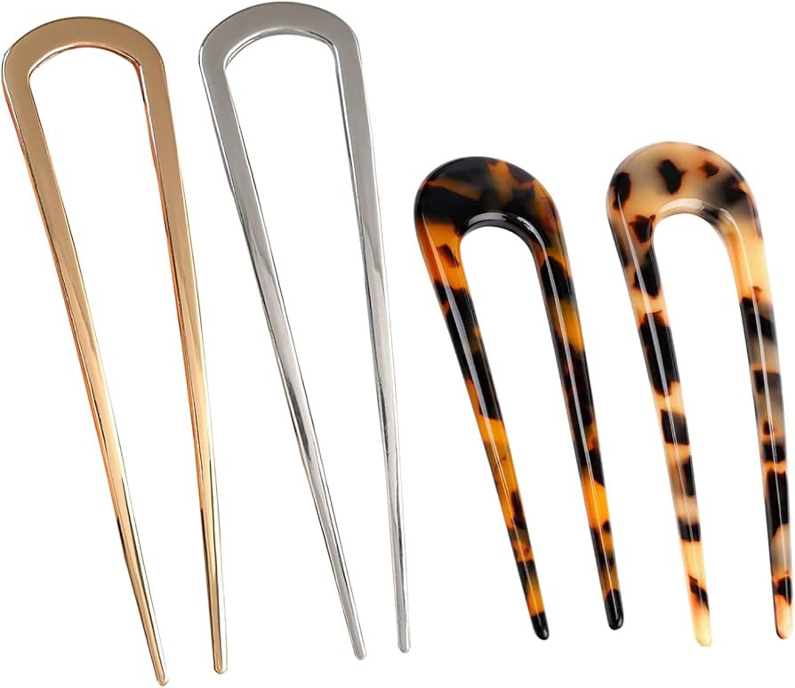 starfa lab 4 PCS French Hair Pin, U Shaped Metal Hair Fork, 2 Prong Updo Chignon Clip Sticks Buns... | Amazon (UK)