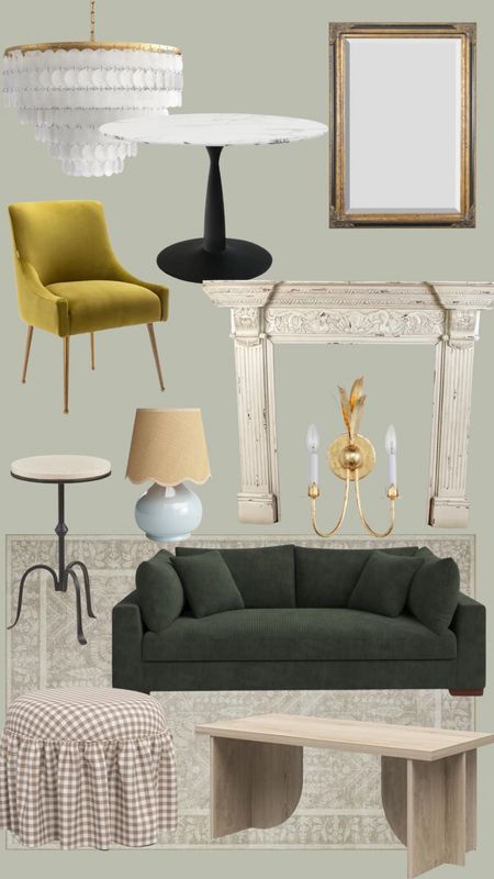 Wayfair Way day sale. Living room- green sofa, fireplace mantle, side table, scalloped, lampshade, table, lamp, velvet dining chair, set, marble bistro table, rectangular, gold mirror, wall sconce, candelabra, indoor rug, chandelier, capiz chandelier

#LTKSaleAlert #LTKxWayDay #LTKHome