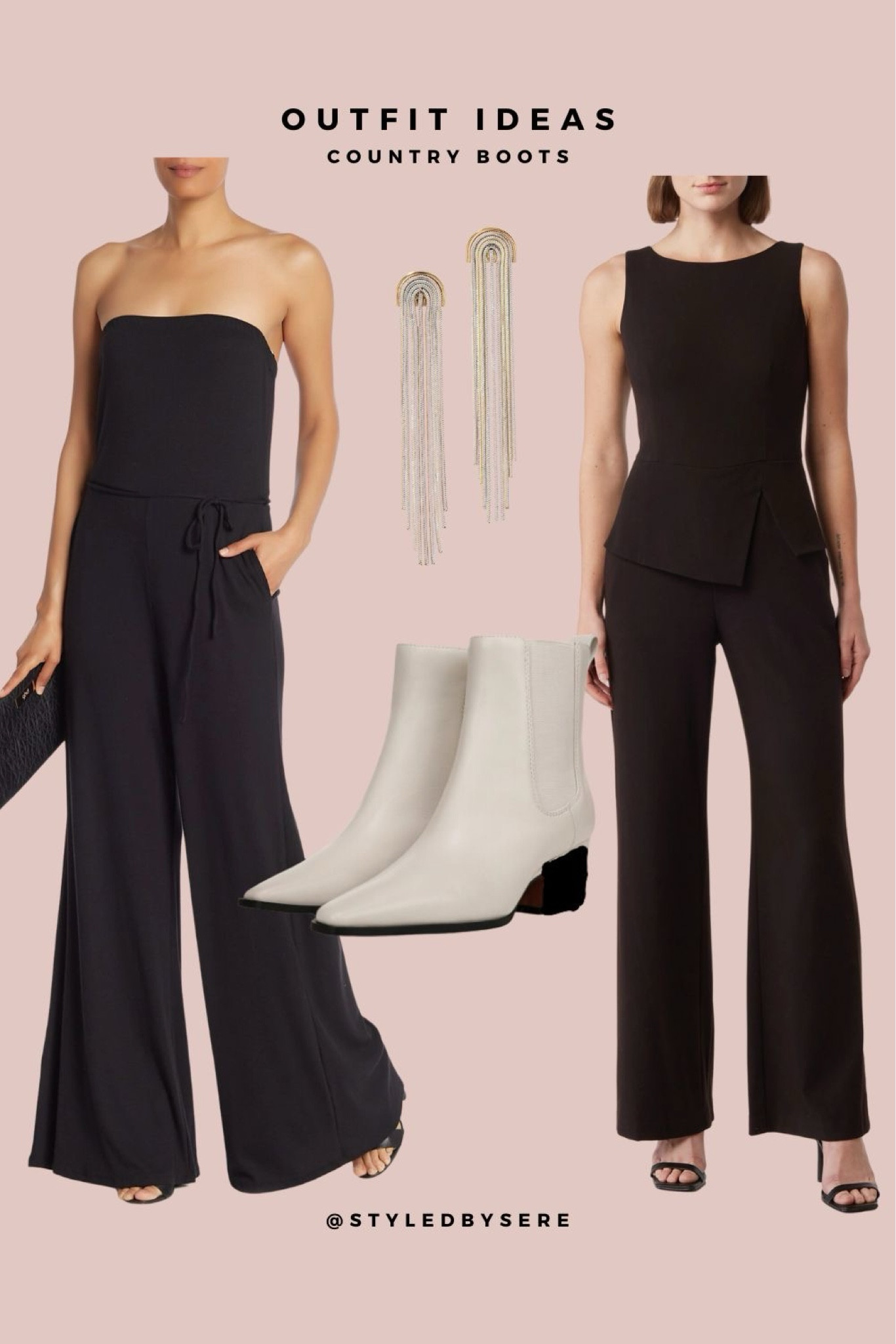 Country Boots: Jumpsuit x 2
.

Pair your sleek country boots with two styles of black jumpsuits. One strapless, wide leg option, for a dressy, effortless look. The other more pinned up, perfect for a business setting. Wear with either with two toned fringe earrings for added shine.

#LTKShoeCrush #LTKSummerSales #LTKWorkwear