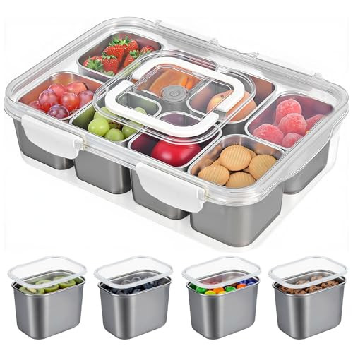 Snackle Box Container, 304 Stainless Steel Snack Containers, Portable Snacklebox for Veggie, Candy, Divided Serving Tray with Lid and Handle, 8 Compartment Fruit Platter for Party, Picnic, Travel | Amazon (US)