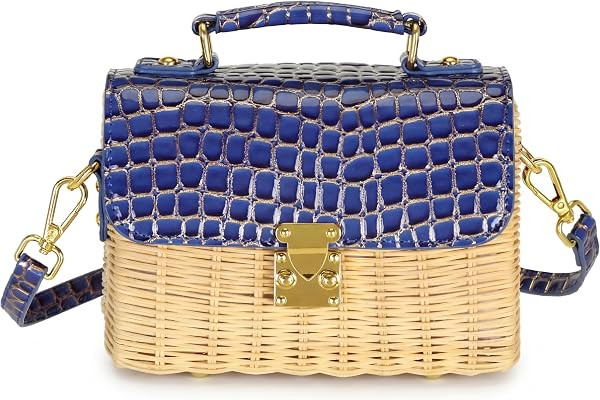 Women's Straw Bag Handmade - Vegan Leather Top-handle Handbags, with Gold and Crocodile Embossed,... | Amazon (US)