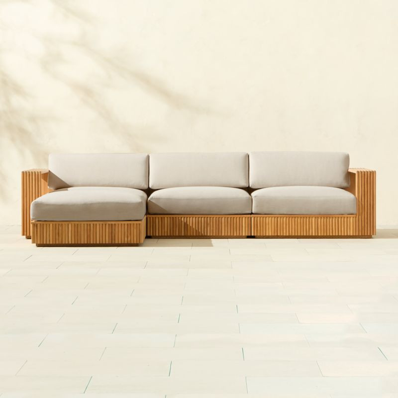 Topia 4-Piece Teak Outdoor Sectional Sofa and Ottoman with White Sunbrella Cushions | CB2 | CB2