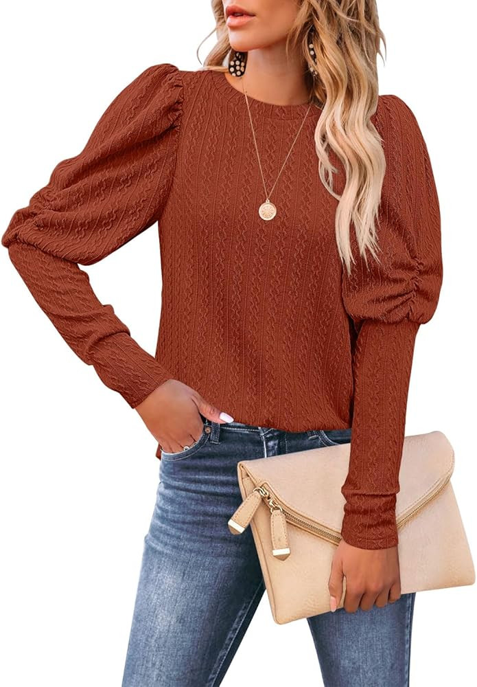 DOROSE Womens Puff Long Sleeve Crewneck Cable Knit Casual Loose Pullover Sweater Tops | Amazon (US)