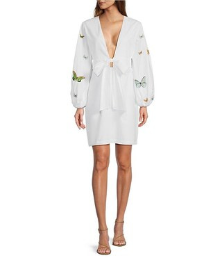 Larson Embroidered Long Sleeve V Neckline Mini Dress | Dillard's