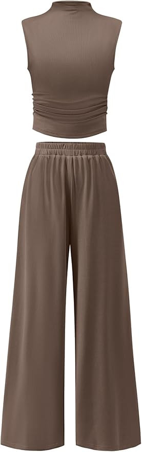 ANRABESS Womens 2 Piece Outfits 2024 Summer Mock Neck Sleeveless Cropped Tank Tops Wide Leg Long ... | Amazon (US)