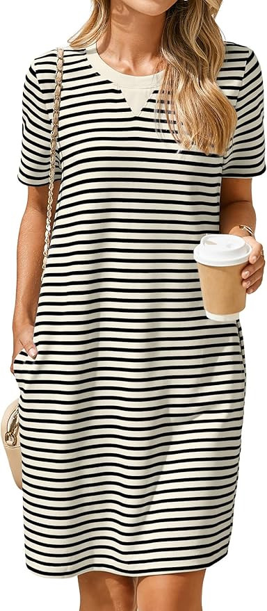 Glamaker Women Summer Tshirt Shift Dress Casual Striped Short Sleeve Crew Neck Knee Length Comfy ... | Amazon (US)