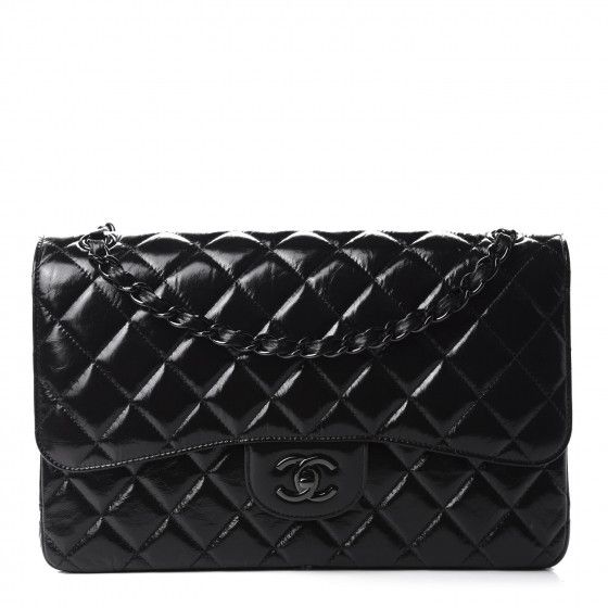 CHANEL Shiny Distressed Calfskin Quilted Jumbo Double Flap So Black | Fashionphile