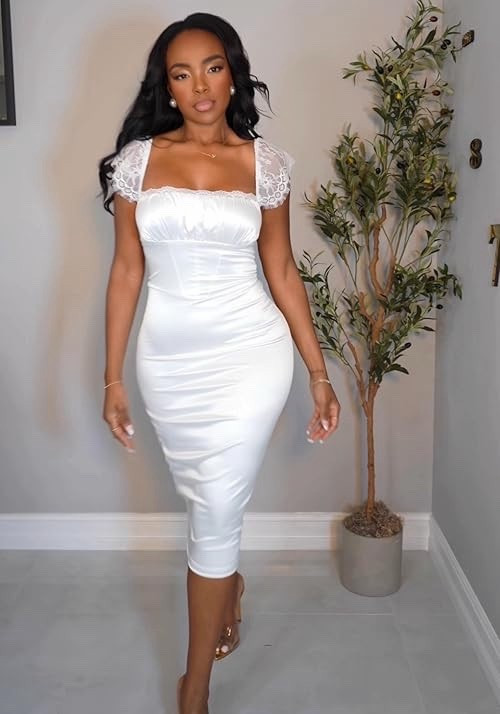 Spring Romance in Satin 🤍 — This white midi dress hugs in all the right places with delicate lace sleeves and a structured bodice that gives timeless elegance. The soft sheen catches the light beautifully, making it perfect for those elevated spring moments. Styled multiple ways, the cost per wear drops instantly — a true long-term shopping strategy piece for your closet.

Perfect for bridal showers, engagement photos, spring weddings, date nights, graduation celebrations, and vacation dinners.

📏 Sizing: Wearing size Small  
Height 5’4” | Weight 138 lbs | Bust 34D | Waist 27” | Hips 40”

Tap to get details and secure this before it sells out 🤍

This look is perfect for spring outfits, white midi dress styling, feminine fitted dresses, bridal-inspired looks, classy event outfits, wedding guest style, romantic date night outfits, elegant neutral wardrobe staples, and timeless capsule closet pieces.

Follow me on Instagram and YouTube @kirasfashionfinds