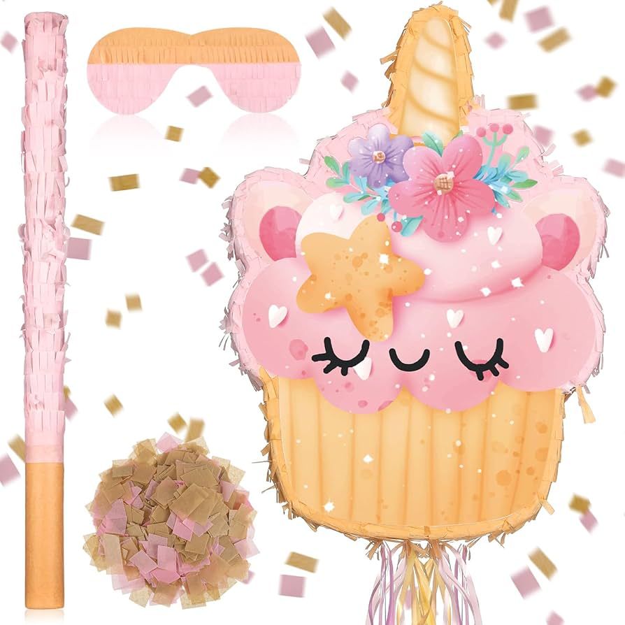 Unicorn Small Pinata with Pinata Stick Blindfold and Confetti Cupcake Pinata for Birthday Anniver... | Amazon (US)